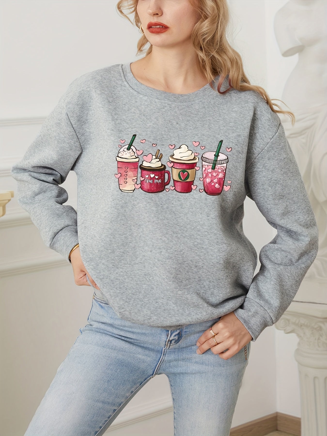 Cartoon Coffee Cup Print Pullover Sweatshirt