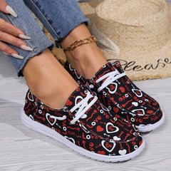Love Pattern Skate Shoes Flat Canvas Lace-up Women's Shoes