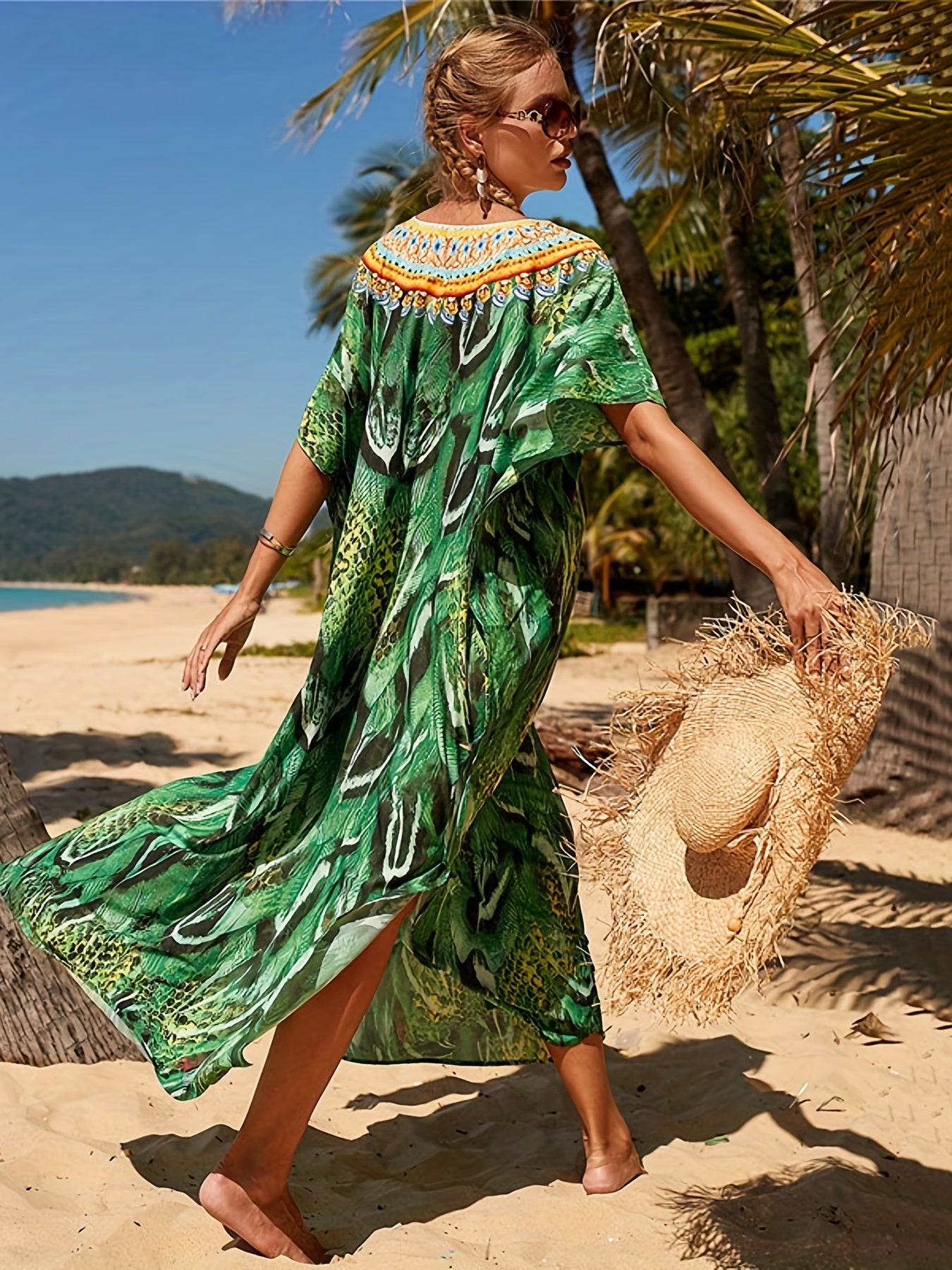 Plus Size Snake Print Boho Cover Up V Neck Beach Maxi Dress