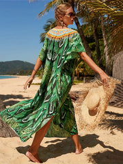 Plus Size Snake Print Boho Cover Up V Neck Beach Maxi Dress