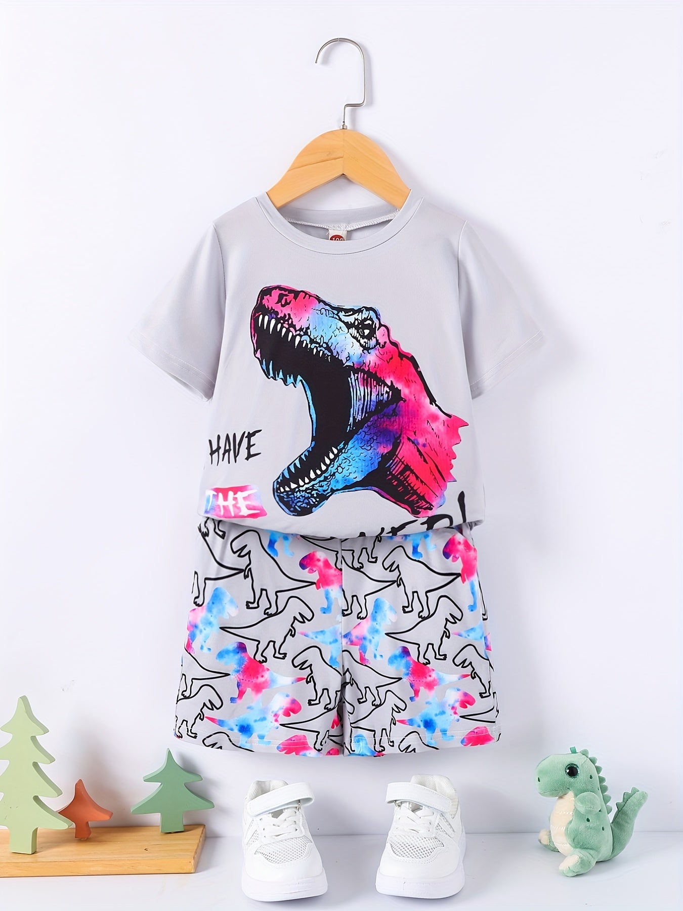 Boys Dinosaur Print Casual Outfit T shirt & Shorts Kids Summer Clothes