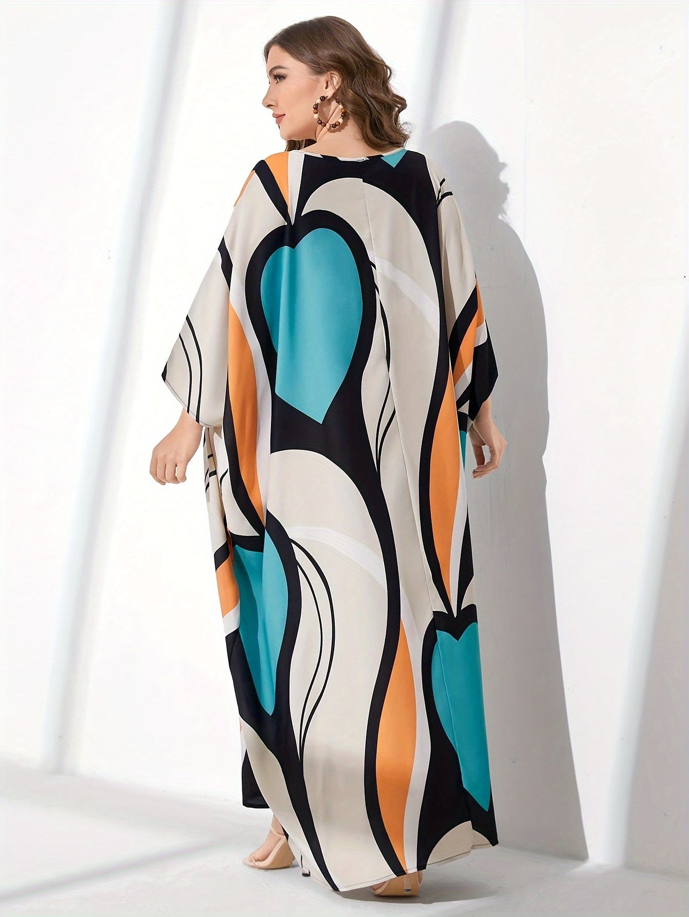 Contrast Colorblock Batwing Sleeve V Neck Maxi Dress
