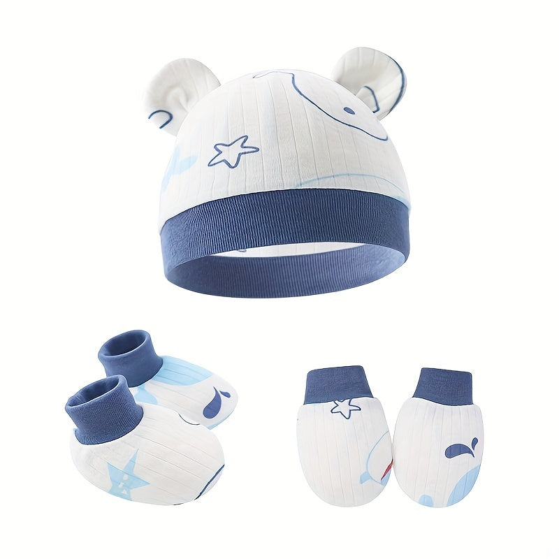 3 Piece Soft Cotton Newborn Baby Set: Beanie Knot Hat, Mittens & Socks