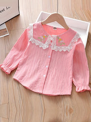 Kid Girls Flower Embroidered Collar Long Sleeve Uniform Shirt Button Down Blouse
