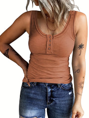 Button Front Crew Neck Tank Top Sleeveless Casual Summer Women's Top