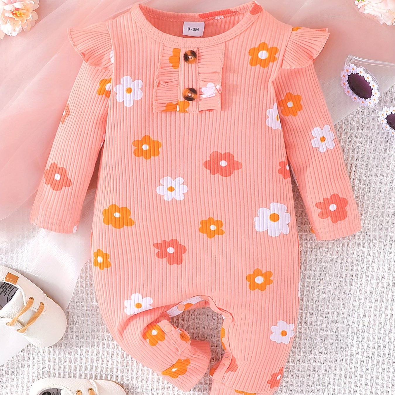 Baby Girls Floral Fruit Heart Print Ruffle Trim Romper Jumpsuit