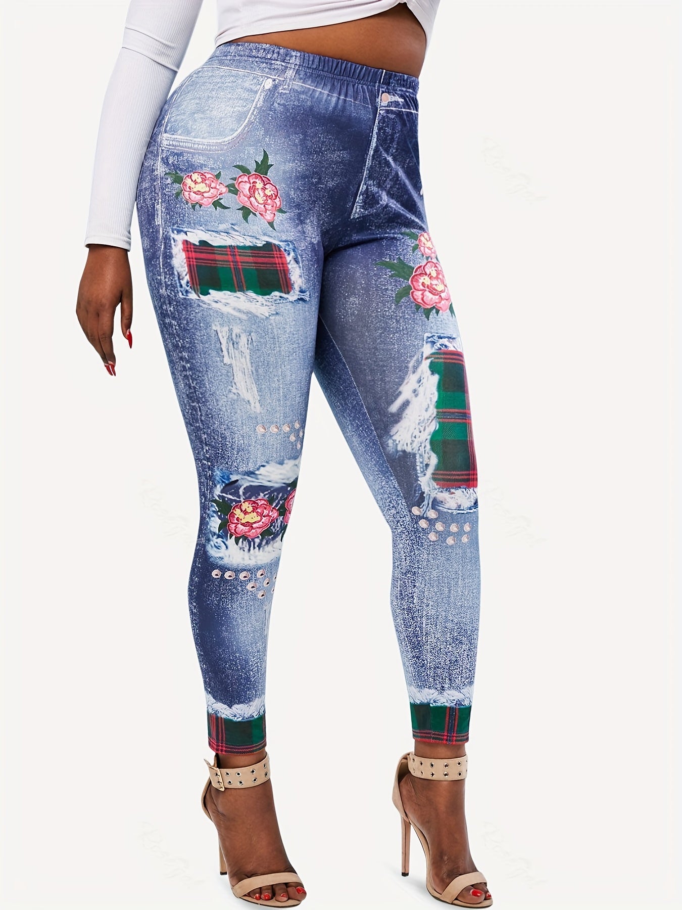 Denim Plaid Flower Print Leggings Medium Stretch
