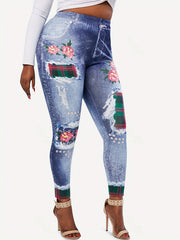 Denim Plaid Flower Print Leggings Medium Stretch