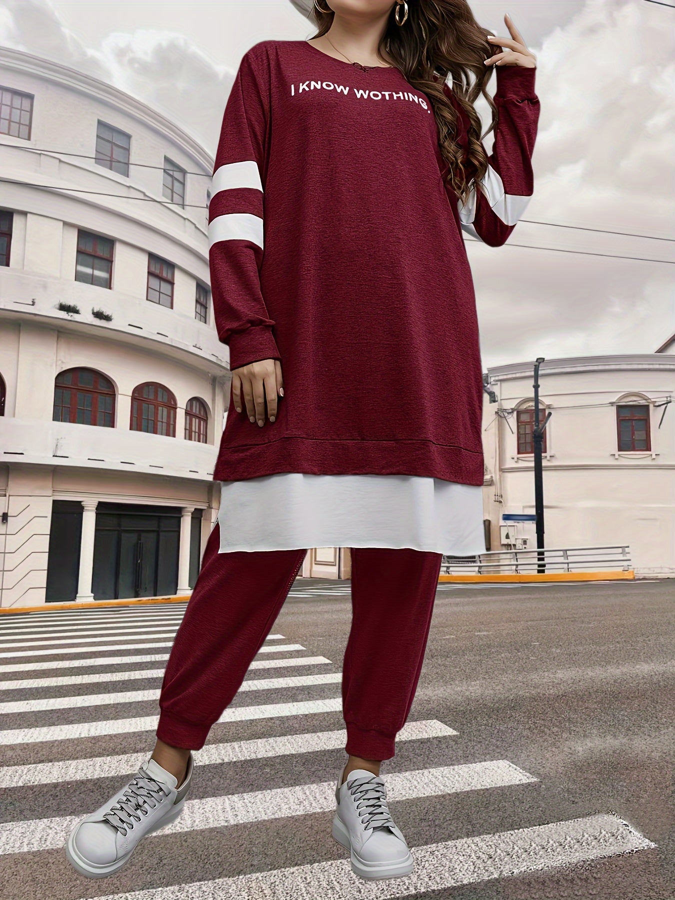 Colorblock Slogan Plus Print 2 Piece Set