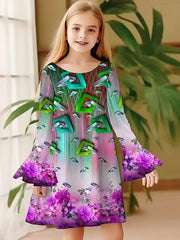 Girls Flower Graphic Crew Neck Long Sleeve Dress