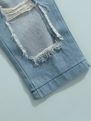 Girls Cropped Top & Ripped Denim Pants Set for Autumn/Spring