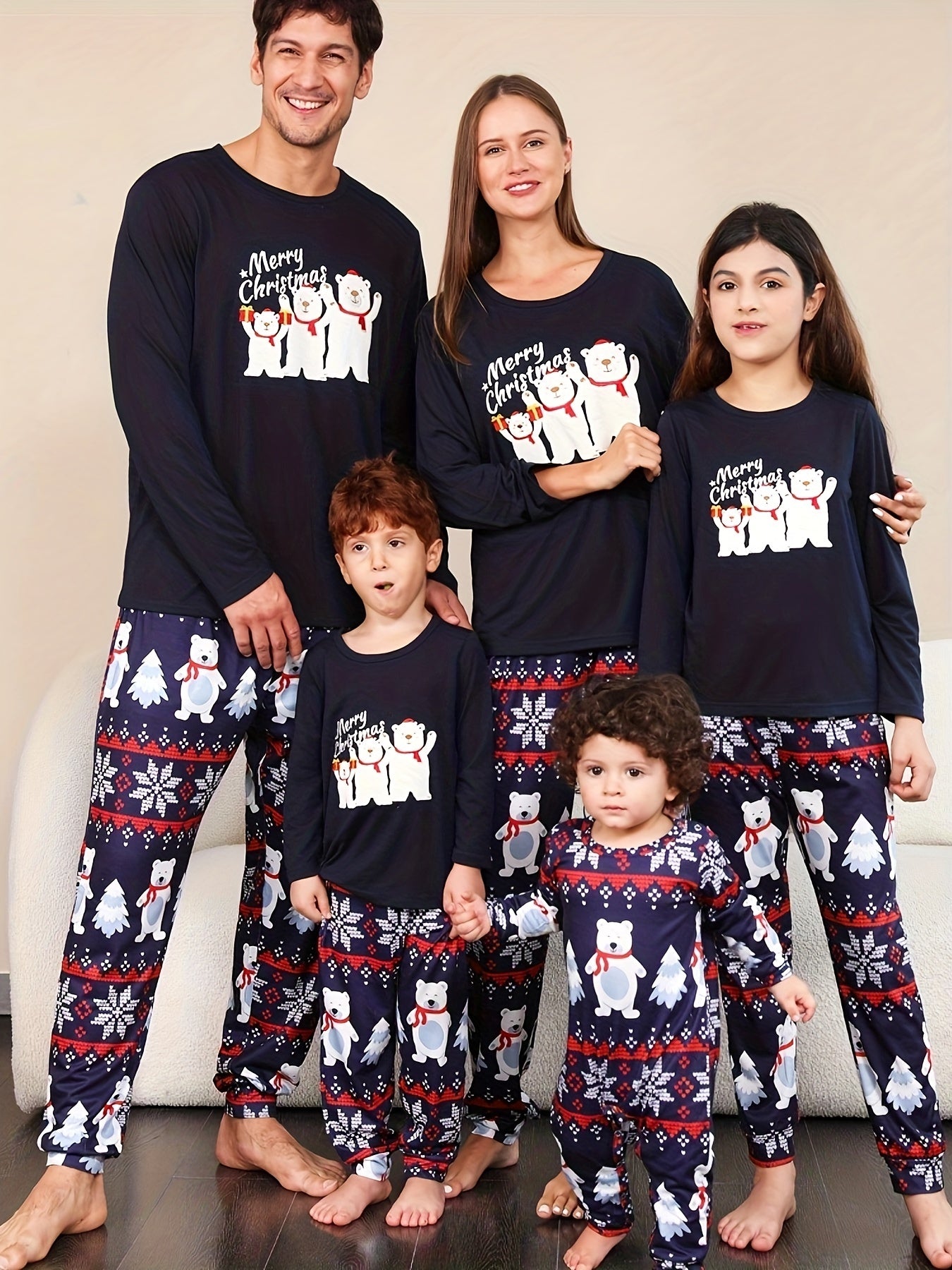 Bear Print Pajama Set Christmas Long Sleeve Top & Pants