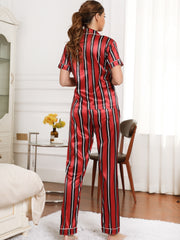 Striped Pajama Set Short Sleeve Button Up Top & Pants Women's Sleepwear