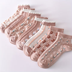 7 Pairs Floral Embossed Short Socks Women's Stockings & Hosiery