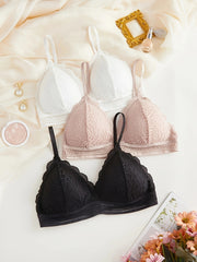 3pcs Lace Bralettes Scalloped Trim Bra Women's Lingerie
