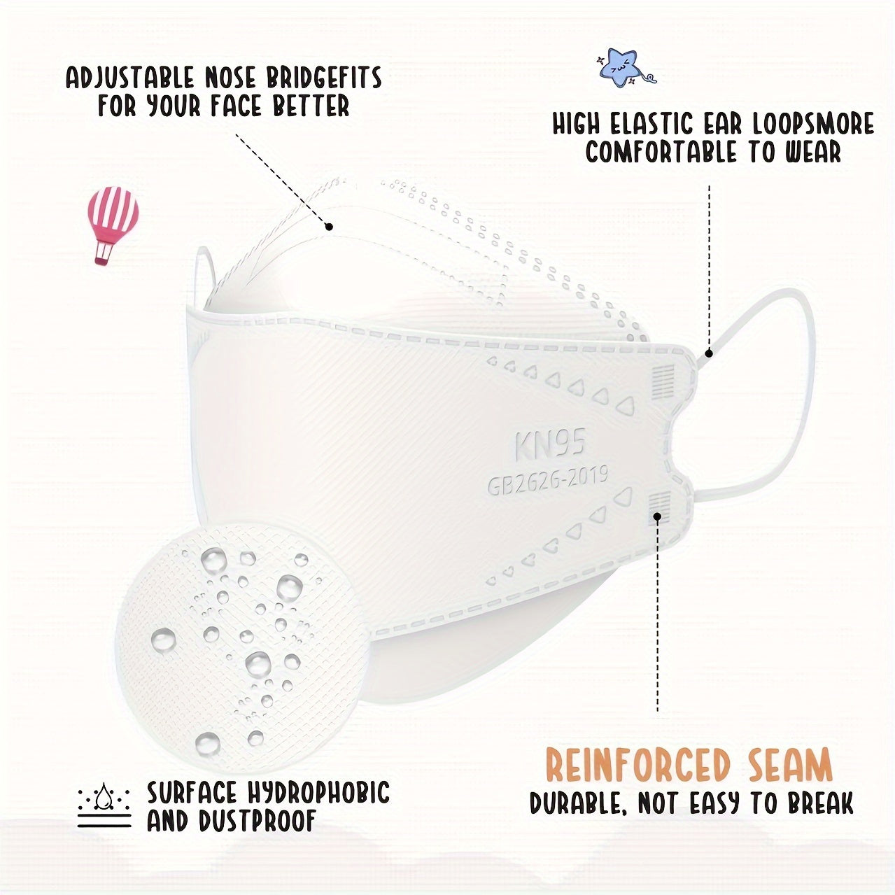 50pcs KN95 Disposable Face Masks For Adults & Teens Tri Fold Cup 3D