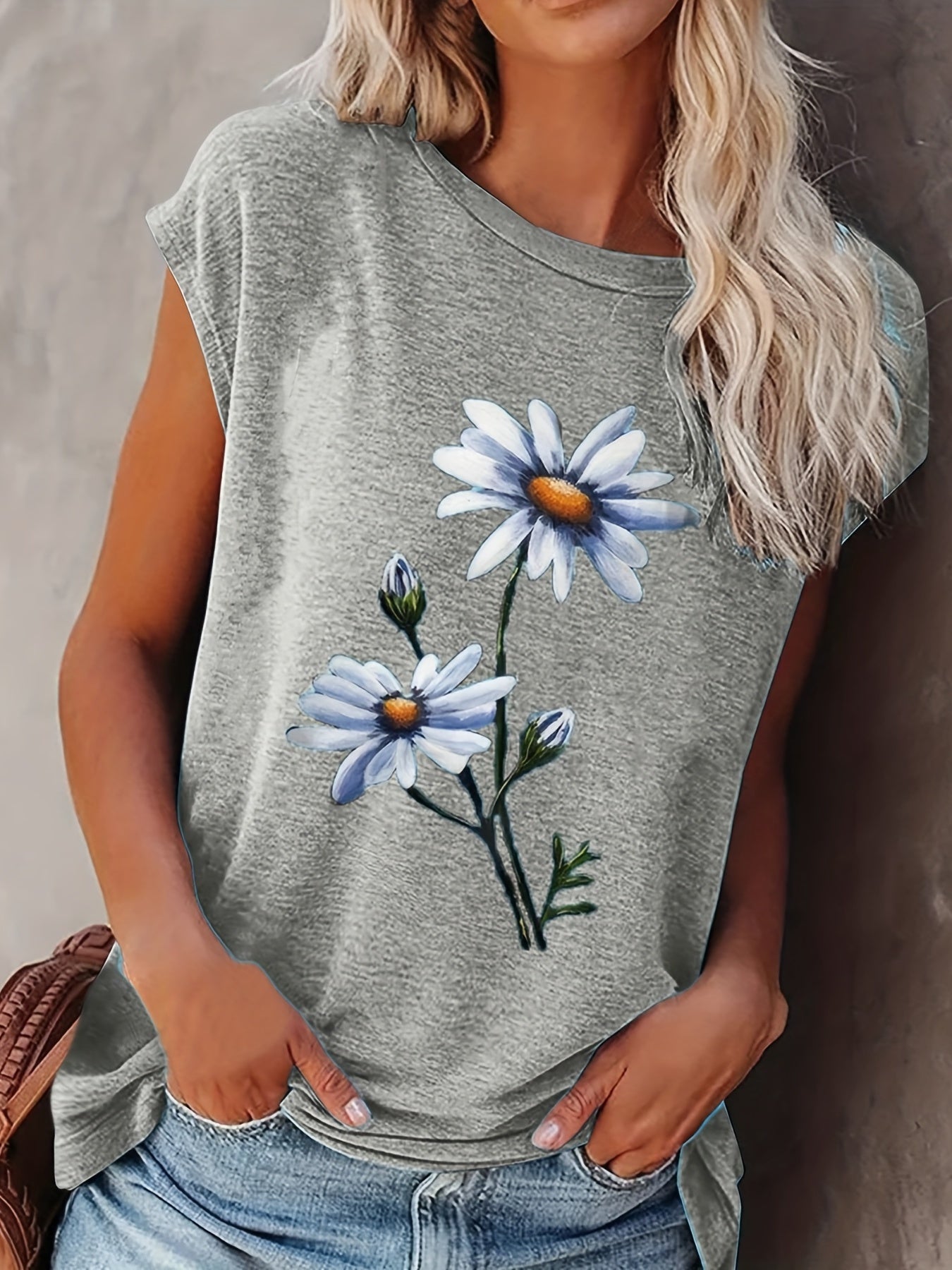 Floral Print Cap Sleeve Top Summer Crew Neck Casual Top