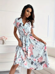 Floral V Neck Dress Tie Waist for Spring