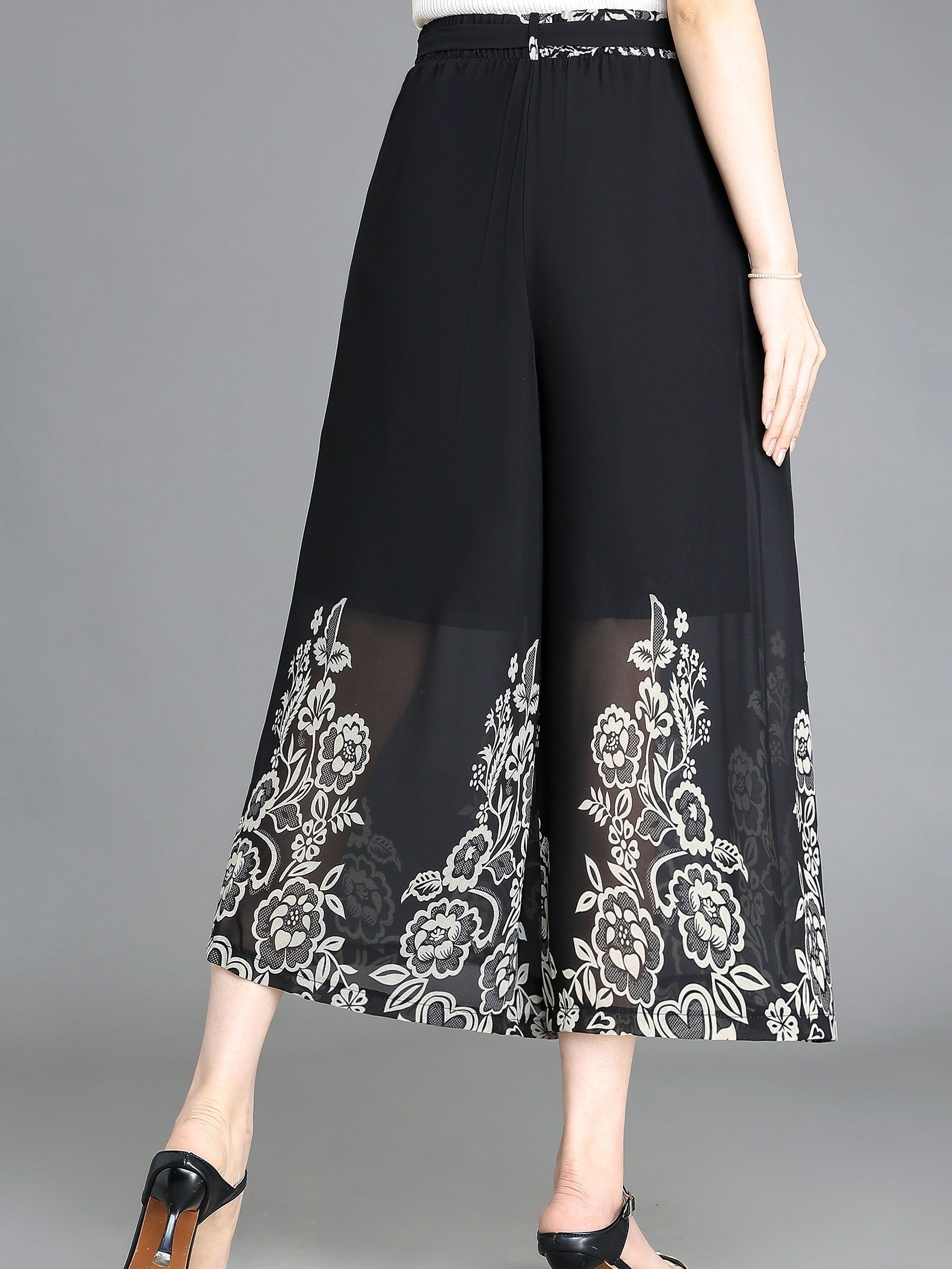 Floral Pattern Chiffon Cropped Wide Leg Pants Casual Belted Pants