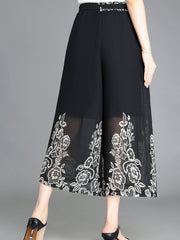 Floral Pattern Chiffon Cropped Wide Leg Pants Casual Belted Pants