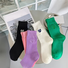 5 Pairs Heart Embroidery Comfy Mid Tube Socks Women's Stockings