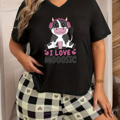 Floral & Cow Print Plus Size Short Sleeve V Neck Loungewear Top