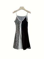 Leopard Stitching Slip Lounge Dresses V Neck Colorblock Home Dress