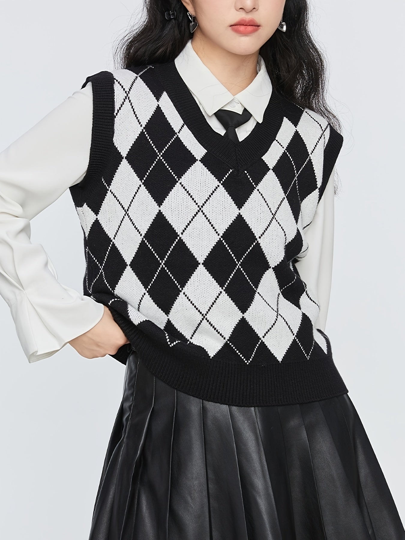 Argyle Plaid Sweater Vest V neck Sweater Vest For Fall & Winter