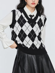 Argyle Plaid Sweater Vest V neck Sweater Vest For Fall & Winter
