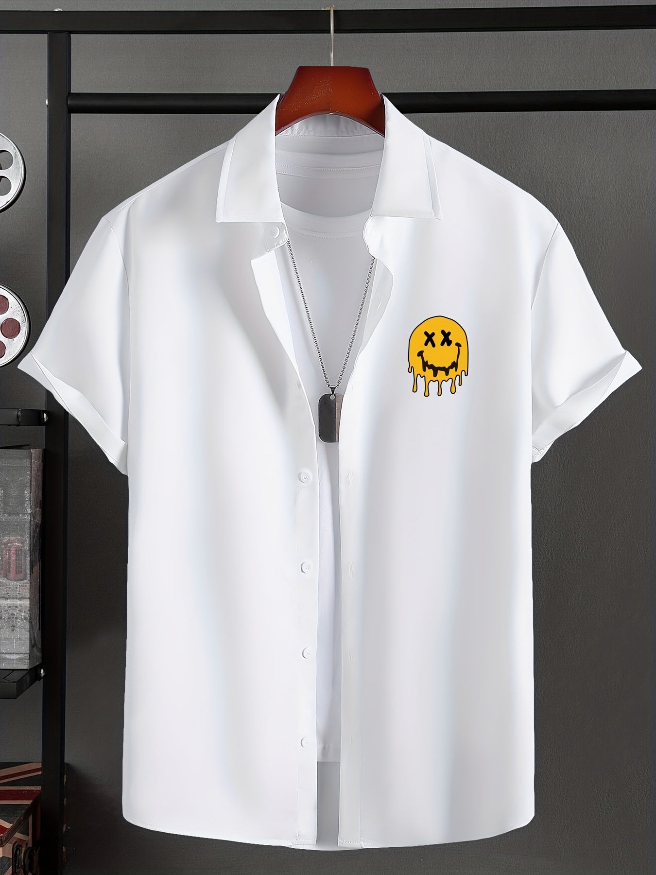 Men's Solid Smile Face Button Down Shirt