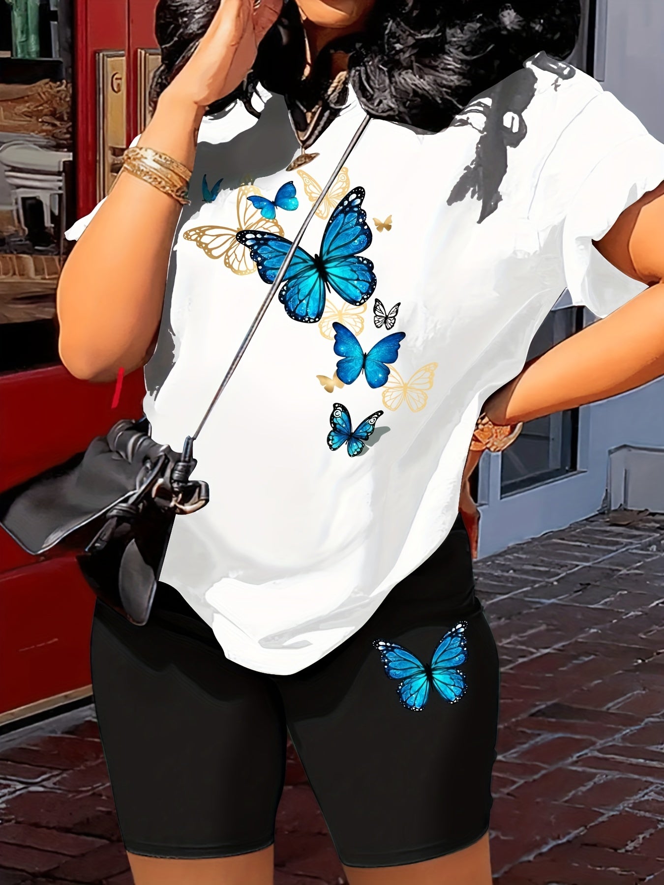 Butterfly Print Two Piece Outfit Short Sleeve Crew Neck T Shirt & Shorts Set