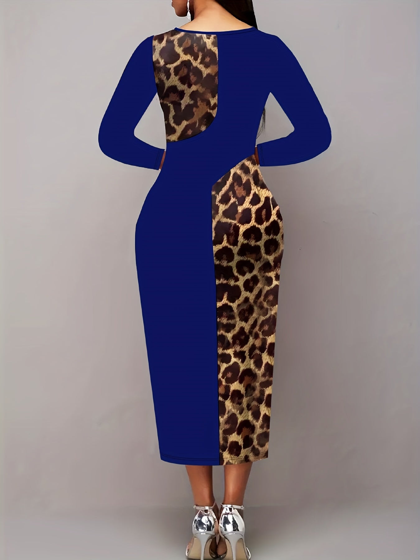 Colorblock Leopard Print Cut Out Long Sleeve Midi Dress