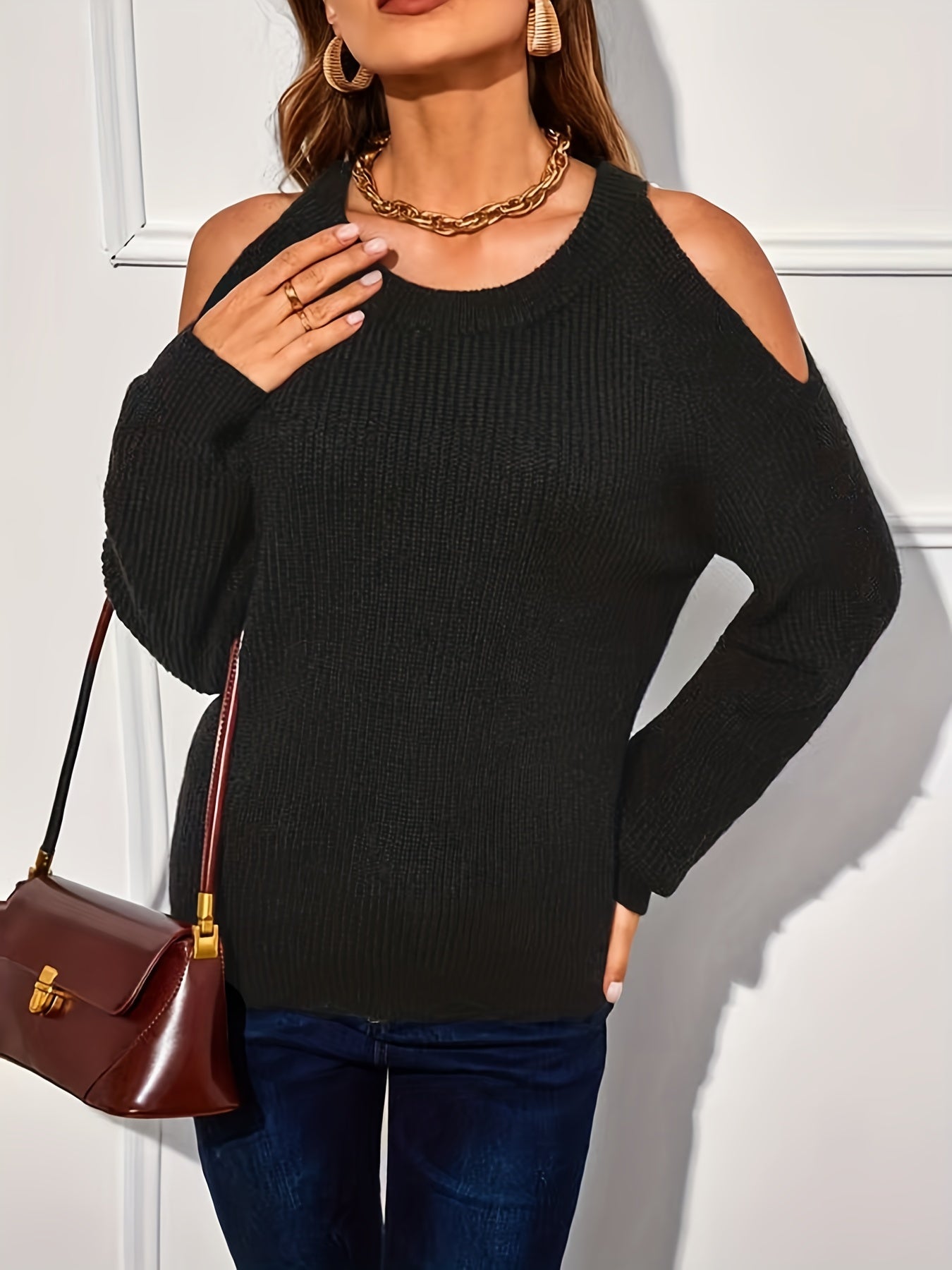 Cold Shoulder Pullover Sweater Crew Neck Long Sleeve