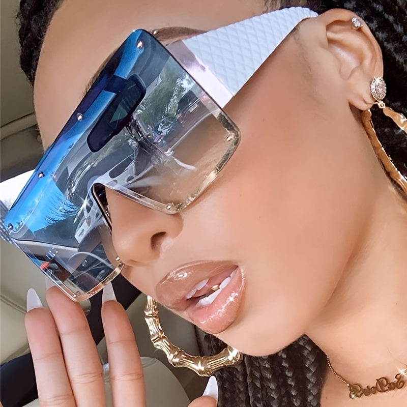 Oversized Square One Piece Sunglasses Cyber Punk Gradient Metal Eyeglasses