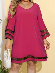 Colorblock Mesh Long Sleeve V Neck Dress