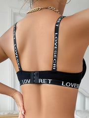 Letter Print Bra & Panties Push Up Bra & Colorblock Panties Set