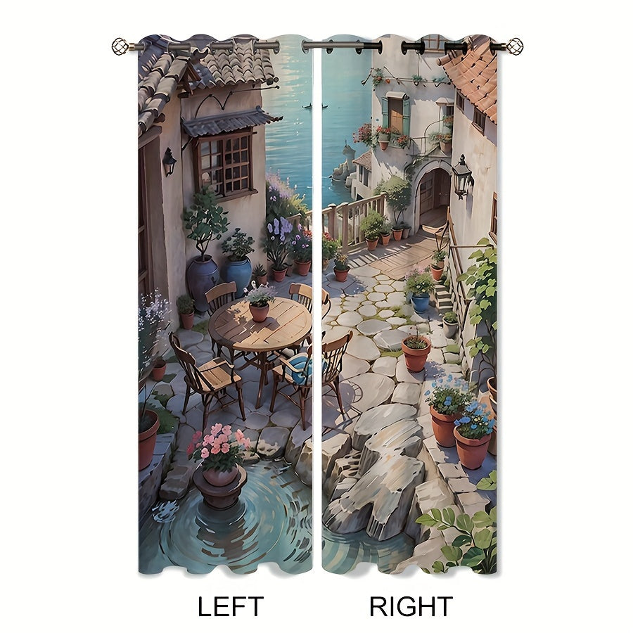 2pcs Lakeside Courtyard Curtains Tapestry for Outdoor Home Decor