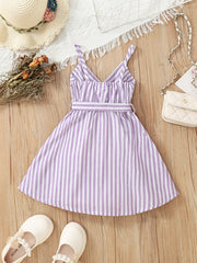 Girls Striped V-Neck Dress With Belt