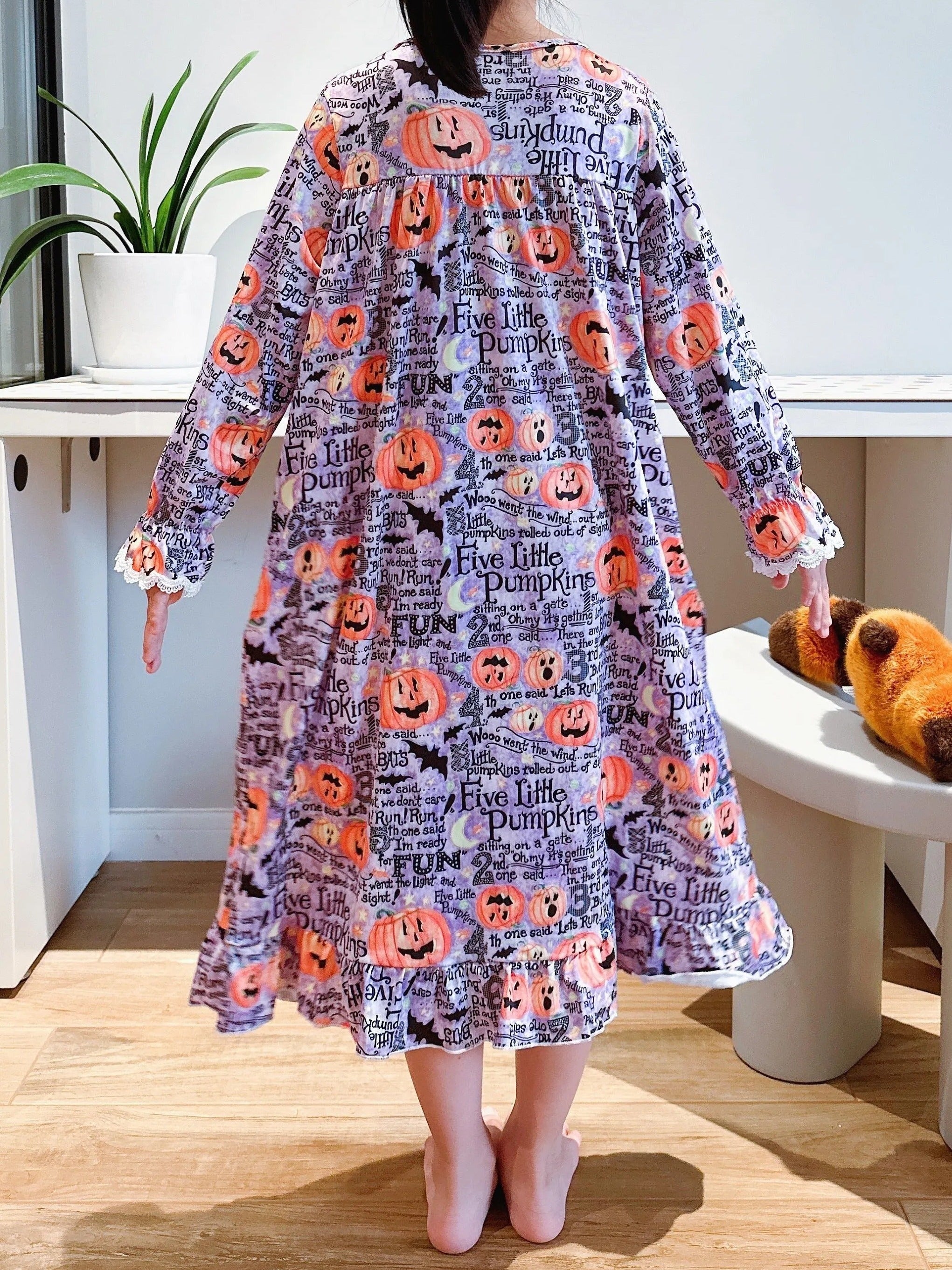 Halloween Elements Girl's Nightgown Lace Decor Long Sleeve Nightdress