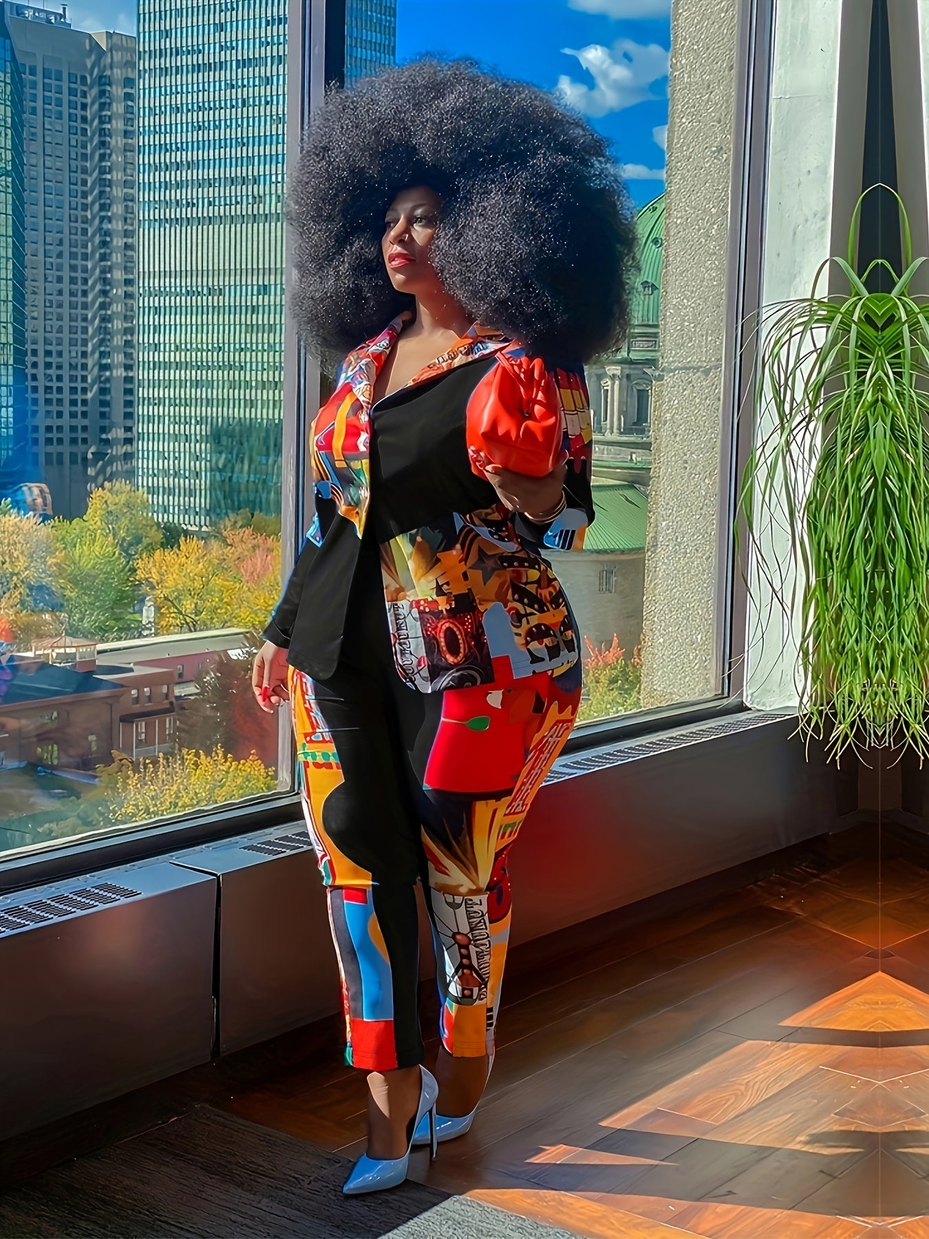 Colorblock Graphic Print Long Sleeve Top & Pants Set