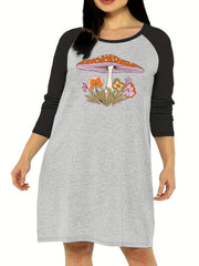 Floral & Mushroom Print Raglan Sleeve Round Neck Tee Sleep Dress