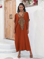 Boho Abaya Maxi Dress Women's Plus Batwing Sleeve V Neck Geometric