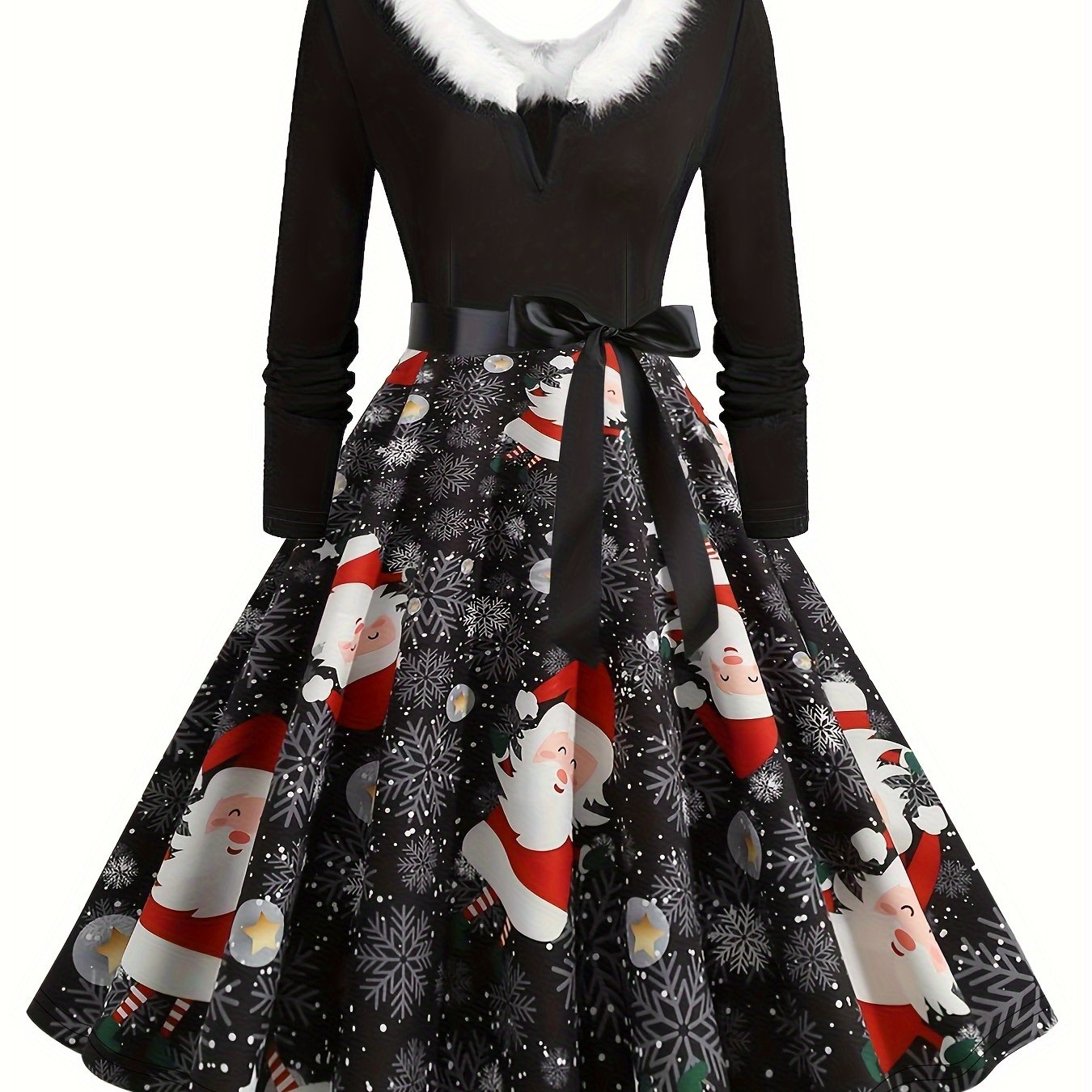 Women's Plus Size Christmas Dress Santa Claus & Snowflake Knot Front