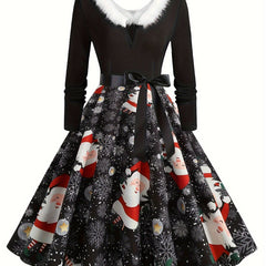 Women's Plus Size Christmas Dress Santa Claus & Snowflake Knot Front
