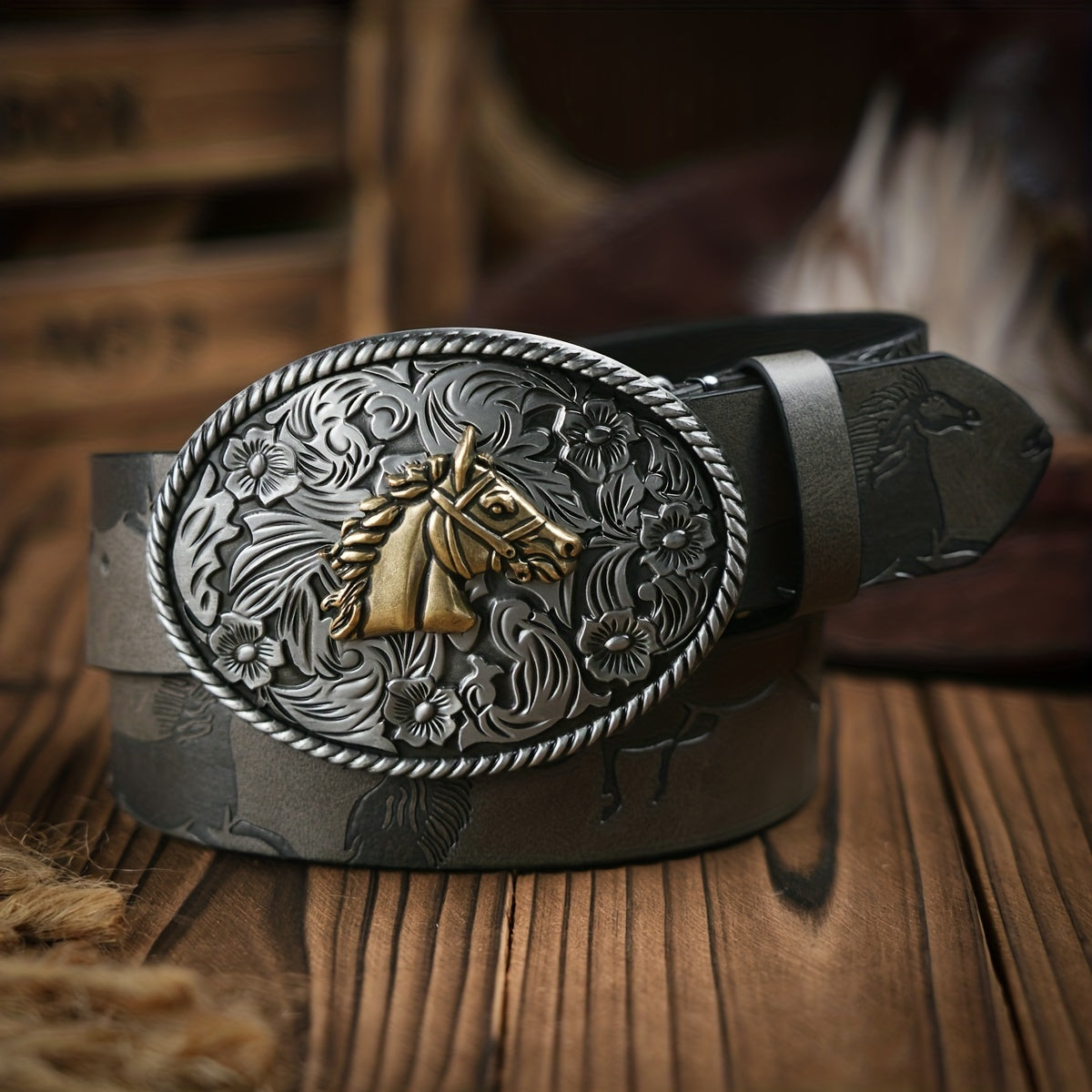 Men's Vintage Horse Embossed Dress Belt with Horse Buckle