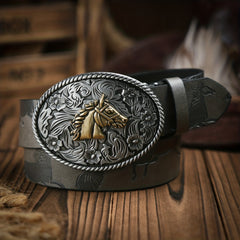 Men's Vintage Horse Embossed Dress Belt with Horse Buckle