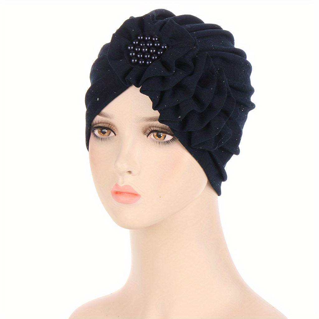 Lotus Turban Beanie Head Scarf with Faux Pearls
