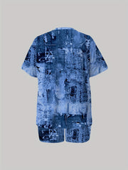 Women's Plus Denim Print Top & Shorts Outfits 2 Piece Set