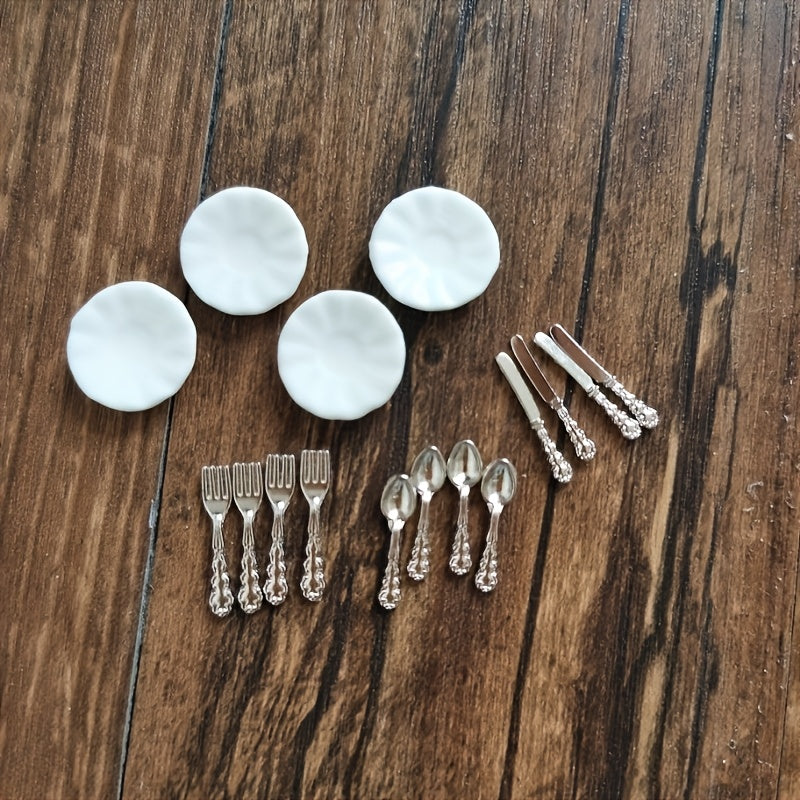1:12 Dollhouse Plates & 16 Metal Cutlery - Porcelain Plate Set Decoration