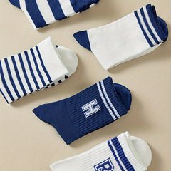 5 Pairs Letter & Striped Print Socks, Comfy & Breathable Mid Tube Socks